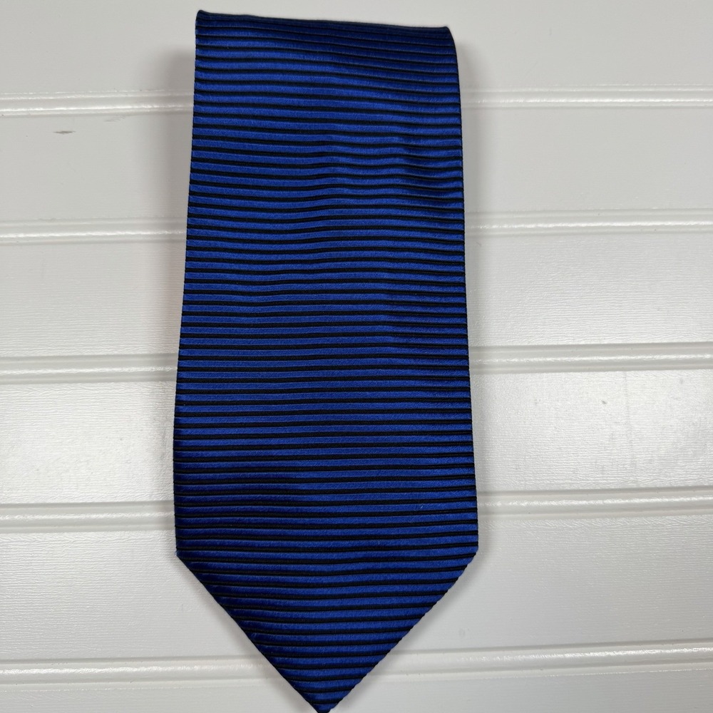 Loutie 100% Silk‎ Tie Blue Black Horizontal Stripes GUC Made In Italy